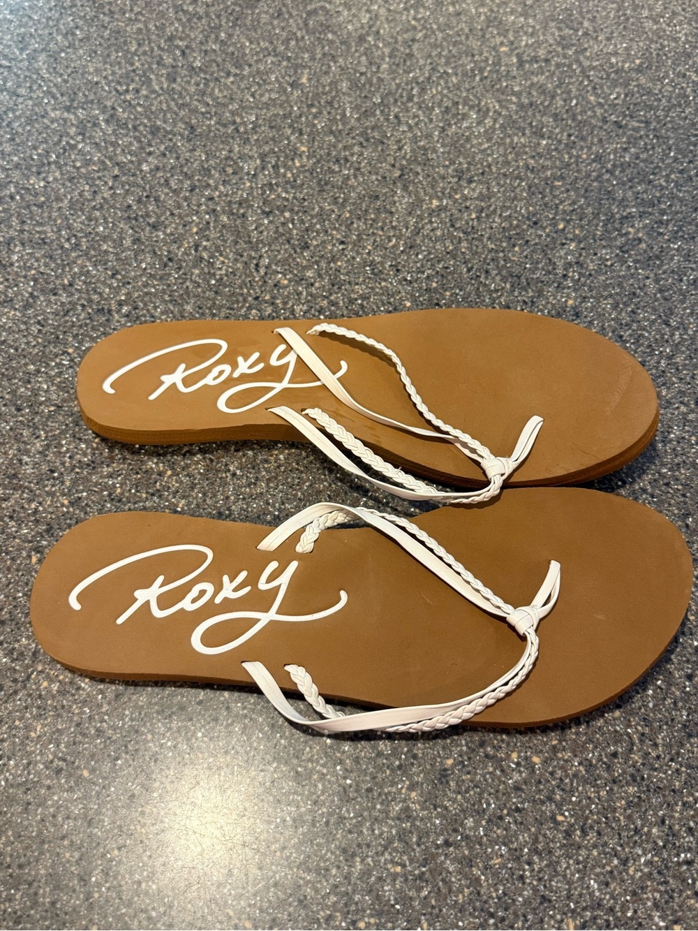 Roxy Women's Brown Sandal Flip Flops with White Braided Straps